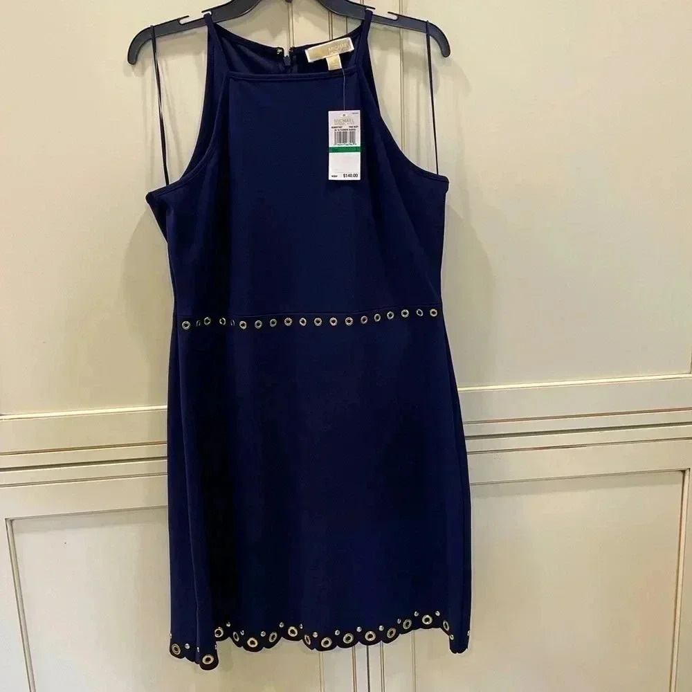 MICHAEL KORS SCALLOP HEM GROMMET DRESS TRUE NAVY SIZE L